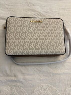 Michael Kors Cream/White Signature MK Crossbody with Gold Hardware